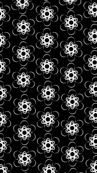 Beyaz geometrik çiçek desenleri olan kusursuz siyah arkaplan, tekrarlayan simetrik dizaynda birbirine geçmiş döngüler ve altıgen merkezler içeriyor.
