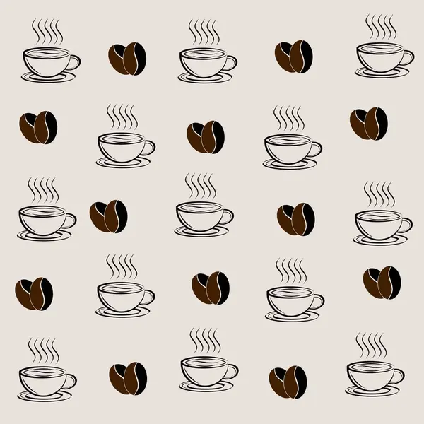 Kusursuz bir şablon, arka planda dumanı tüten kahve fincanları ve kahve çekirdekleri içeriyor.