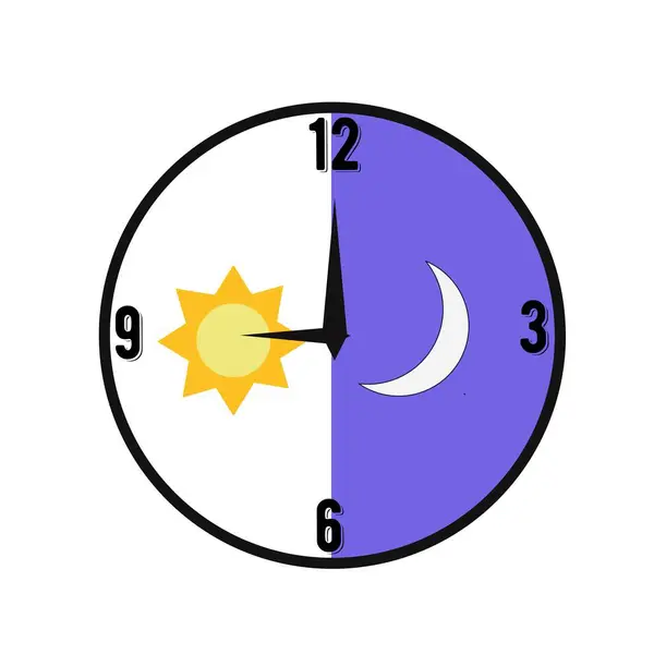 Bir saat yüzü gündüz ve gece yarısına bölünür, elleri 9 ve 12 'yi gösterir, 24 saatlik bir döngüyü gösterir.