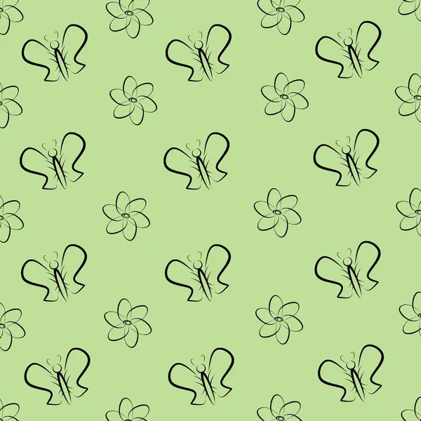 Kelebek çizimleri ve açık yeşil arka planda basit çiçeklerle kusursuz bir desen.