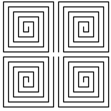 Birbirine bağlı dört kare spiralin simetrik tasarımı, ikişer ikişer düzenlenmiştir.