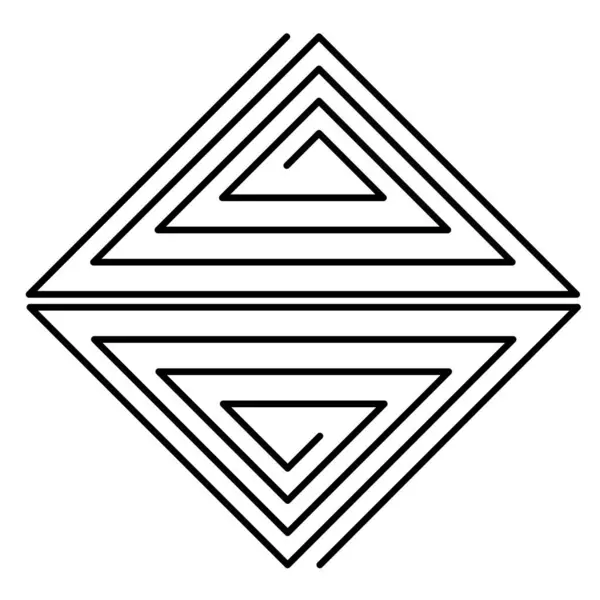 Siyah-beyaz, simetrik geometrik tasarım. Bir elmas şekli içinde birbirine bağlı, ters dönen iki spiral içeriyor.