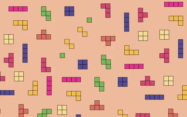 Kareler, çizgiler ve L şekilleri içeren renkli Tetris benzeri blokların yinelenen bir şablonu, şeftali şeftali arkaplan üzerine kurulur