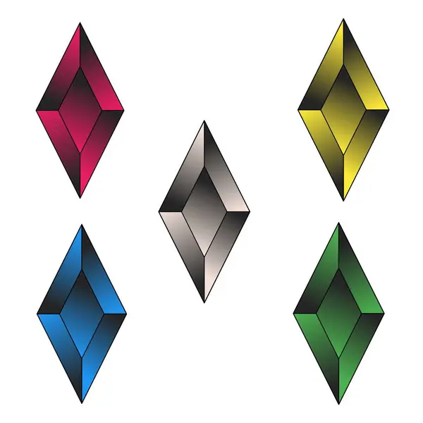 Kırmızı, mavi, gümüş / gri, sarı ve yeşil olmak üzere beş adet eşkenar dörtgen şeklinde mücevher düzenlenmiştir.