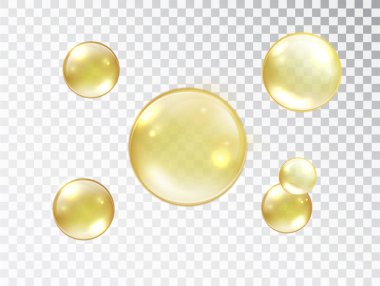 Şeffaf bir arkaplanda altın kabarcıklar. Altın su damlaları. Vektör illüstrasyonu.