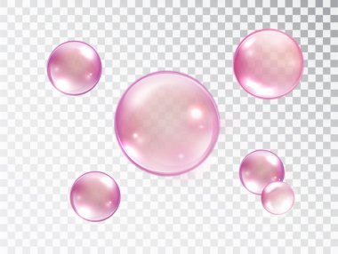 Şeffaf arkaplanda pembe kabarcıklar. Pembe su kabarcıkları.