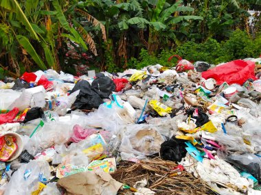 Tambun Selatan, Bekasi, Endonezya, 01.16.2025. Büyük bir çöp yığını doğal bir ortamda birikmiş ve insan yapımı bir atık dağı oluşturmuş..