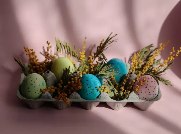 Sahne yumuşak doğal ışıkla yıkanır, yeşil arka planda sanatsal gölgeler oluşturur, ilkbahar ve şenlikli bir atmosfer yaratır. Kutudaki Paskalya yumurtalarının. Yüksek kalite fotoğraf