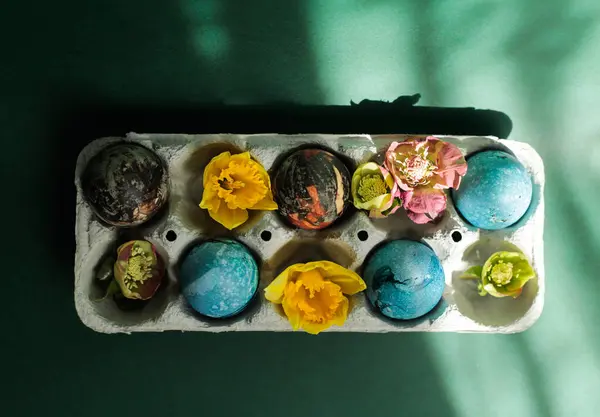 Bir kutuda Paskalya yumurtaları, canlı mavi ve doğal olarak boyanmış yumurtalar narin çiçekler ve yeşil yapraklarla süslenmiş..