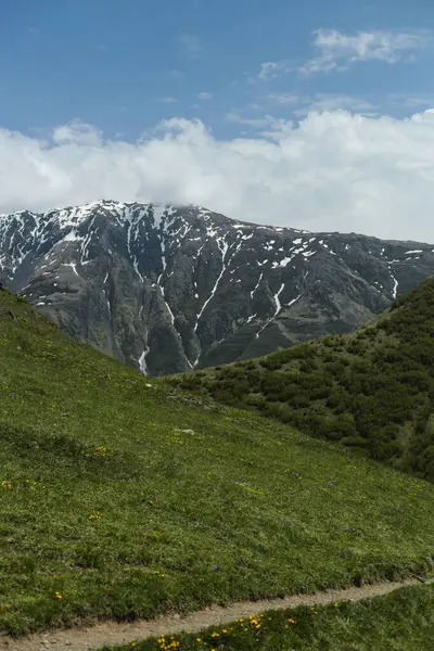 Yeşil yamaçlarda kıvrılan çimenli bir yolu olan manzaralı bir dağ manzarası, bulutlu mavi bir gökyüzünün altında. Zirvelerde kar izleri kalıyor, bu da baharın sonlarına doğru geldiğinin işareti..