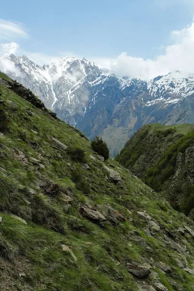 Yeşil yamaçlarda kıvrılan çimenli bir yolu olan manzaralı bir dağ manzarası, bulutlu mavi bir gökyüzünün altında. Zirvelerde kar izleri kalıyor, bu da baharın sonlarına doğru geldiğinin işareti..