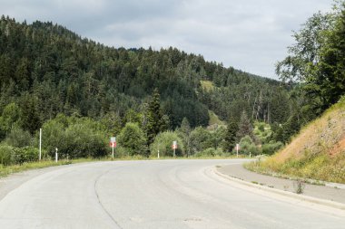 A winding asphalt road curving through a mountainous forest landscape. Road signs mark the turn while lush trees cover the slopes under a cloudy sky.