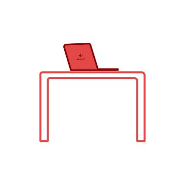 Ofis masasında dizüstü bilgisayar tasarımı grafiksel düz stil kırmızı renk. Basit simgenin düz bir şekilde soyut çizimi. Ofis kırtasiyesi temalı element grafik tasarımı