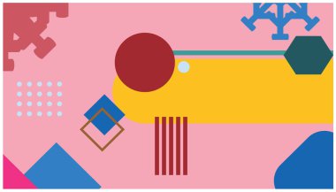 Bir sürü geometrik elementi olan mavi bir arka plan tasviri. Geometrik elementlerle retro tarzında soyut arkaplan. Tasarımınız için vektör illüstrasyonu.