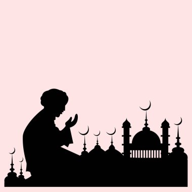 Pembe arka planda dua eden müslüman silueti. İzole edilmiş bir ikonun tasviri. Element tasarımı, birbirine yalvaran ve pembe ile kapatan ellerin tasarımı. dini tema