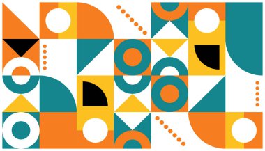 Geometrik şekilli soyut arkaplan. Renkli daireler, dikdörtgenler ve çizgiler eski tarz. Düz tasarım tarzında vektör illüstrasyonu. Reklam ve sunum için kullanılabilir