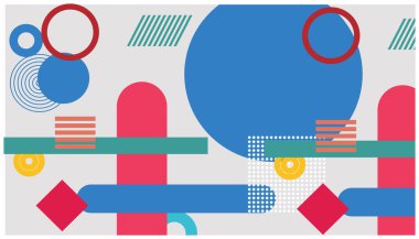 Geometrik şekilli soyut arkaplan. Renkli daireler, dikdörtgenler ve çizgiler eski tarz. Düz tasarım tarzında vektör illüstrasyonu. Reklam ve sunum için kullanılabilir