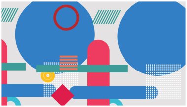 Geometrik şekilli soyut arkaplan. Renkli daireler, dikdörtgenler ve çizgiler eski tarz. Düz tasarım tarzında vektör illüstrasyonu. Reklam ve sunum için kullanılabilir