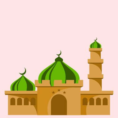 Pembe arka planda yeşil kubbeleri olan bir cami. Çekici renkleri olan cami sembolü. Çeşitli amaçlar için görkemli cami simgesi. Dini temalı illüstrasyon unsurları tasarla