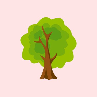 Pembe arka planda yeşil yaprakları ve kökleri olan bir ağaç tasviri. ağaç simgesi tasarımı, henüz çok büyük olmayan bir banyan ağacının tasarım elementi çizimi.