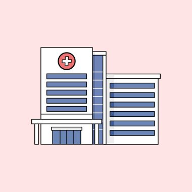 Sağlık, tıbbi tesisler veya kamu hizmeti temaları için uygun pembe arka planda tıbbi sembolleri ve mavi pencereleri olan modern bir hastane binasının tasviri.