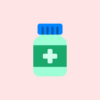 Mavi başlıklı, yeşil etiketli, düz bir ilaç şişesi ve ortasında yumuşak pembe arka planda beyaz artı sembolü..