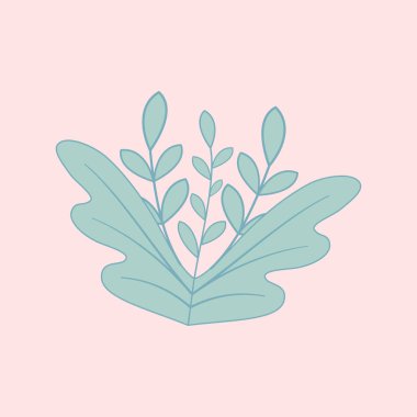 Yumuşak pembe arka planda turkuaz yeşil yaprakların minimalist bir çizimi. Bu basit tasarım dekor, poster ya da herhangi bir modern grafik tasarım uygulaması için mükemmeldir..