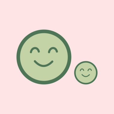 Pembe arka planda gülümseyen iki yeşil yüzün minimalist çizimi, sade düz tasarımda mutluluğu, pozitifliği ve neşeli duyguları temsil ediyor..