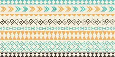 Karmaşık geometrik etnik sınır, modern kabile estetiği. Bej, kahverengi, turkuaz, hardal sarısı, üçgen sıraları, soyut motifler, kumaş baskısı için geleneksel halk tekstil, davetiye çerçevesi, kültürel