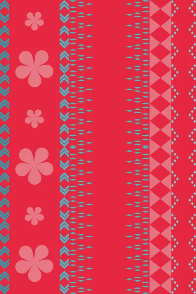 Etnik desenli geleneksel sınır tasarımı, çiçekler, geometrik motifler pembe, kırmızı zemin mavi. Kabile sanatını, tekstil tasarımını temsil ediyor. Kumaş baskılar, arka planlar, duvar kağıtları, dekorasyon için