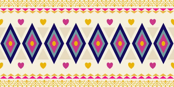 Canlı klasik sınır deseni, geometrik ve kalp şeklinde elmaslar, zig-zag, neşeli, dinamik tasarım açık arkaplanda sarı pembe mavi. Tekstil tasarımı, kumaş baskısı, nakış, dekorasyon için ideal.