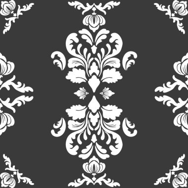 Kusursuz duvar kâğıdı Barok tarzı. Zarif vektör arkaplanı. Siyah çiçek süsü. Kumaş, halı, duvar kağıdı ve ambalaj için grafiksel desen. Süslü Şam çiçek süsü.