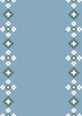 Minimalist Tayland ipekten esinlenilmiş piksel resim kenar deseni mavi, beyaz ve bilge yeşil çerçeveler, davetiyeler ve basit tasarım tasarımları için mükemmel..