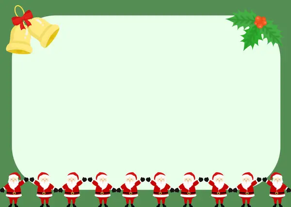 Açık yeşil merkezli neşeli bir Noel çerçevesi koyu yeşil sınır altın çanları sol üstte kırmızı fiyonk, sağ üstte Holly ve alt tarafta el ele tutuşan neşeli Noel Babalar..