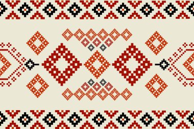 Kalın etnik geometrik pikseller, zengin renk paleti, kırmızı, siyah, krem rengi. Kusursuz desenli etnik doğulu geleneksel. Halı, giysi, ambalaj, batik için Aztek stili çizim