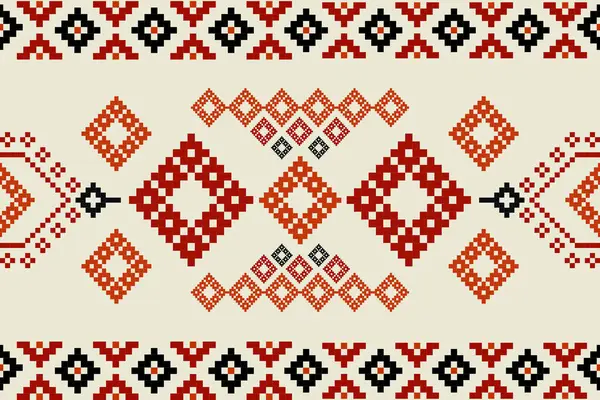 Kalın etnik geometrik pikseller, zengin renk paleti, kırmızı, siyah, krem rengi. Kusursuz desenli etnik doğulu geleneksel. Halı, giysi, ambalaj, batik için Aztek stili çizim