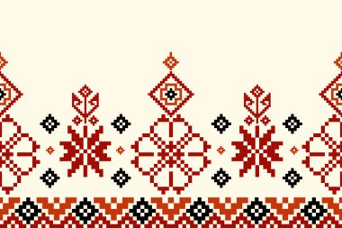 Çiçek nakışı, krema arka planında. Köklü ve çapraz dikişli geometrik dikişsiz etnik doğulu kalıplar. Halı, duvar kağıdı, giysi, ambalaj, batik için Aztek stili çizim.