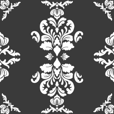Koyu gri arka planda süslü çiçek ve kaydırma motifleri olan zarif, beyaz damaskesiz desen. Lüks duvar kağıtları, tekstil ve klasik tasarımlar için idealdir..