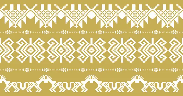 Hardal sarısı arka planda beyaz renkli geleneksel pikseller. Geometrik, simetrik motifler tekstil tasarımı, nakış, duvar kağıtları veya kültürel el sanatları için mükemmeldir..