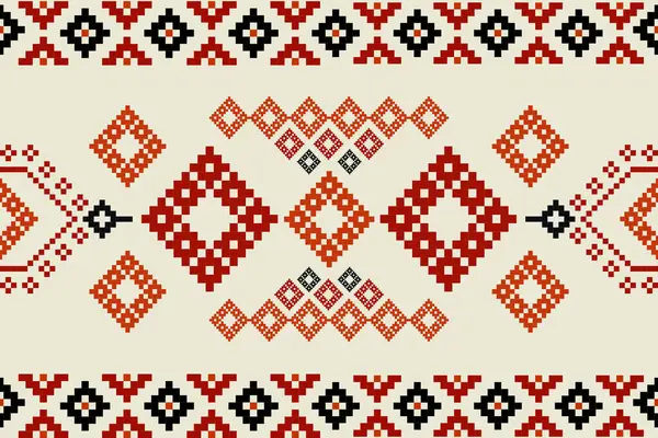 Kalın etnik geometrik pikseller, zengin renk paleti, kırmızı, siyah, krem rengi. Kusursuz desenli etnik doğulu geleneksel. Halı, giysi, ambalaj, batik için Aztek stili çizim