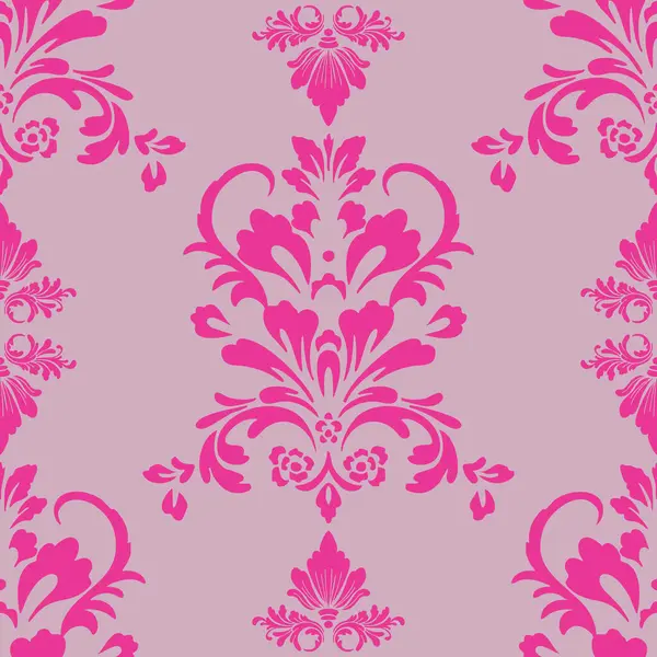 Yumuşak pembe arka planda süslü çiçek ve kaydırma motifleri olan parlak pembe damaskesiz desen. Lüks duvar kağıtları, tekstil ve zarif tasarımlar için idealdir..