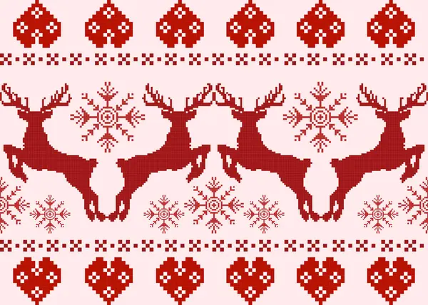 Ren geyikleri, kar taneleri ve kalplerden oluşan kırmızı haç şeklinde Noel desenleri. Şenlik tekstil ürünleri, el sanatları, tebrik kartları ve kış süslemeleri için mükemmel..