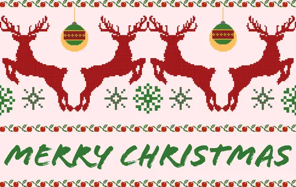 Piksel resim geyikleri, kar taneleri ve süslemeleri olan çirkin Noel süveteri desenli. Tekstil, ambalaj kağıdı veya arka plan için şenlikli ve eğlenceli tatil sınırı