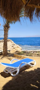 Boş bir mavi güneşlik seni altın kumda dinlenmeye davet ediyor, bir kamış şemsiyesi ve bir palmiye ağacı tarafından kısmen gölgelendiriliyor..