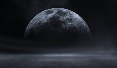 3D soyut karanlık gece yaratıcı bulanık dış mekan asfaltının Ay 'a yansıtılması.