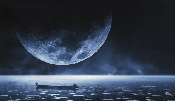Rendering Fishermen Βόλτα Αλιευτικά Σκάφη Νύχτα Ουρανός Και Φεγγάρι Φόντο — Φωτογραφία Αρχείου