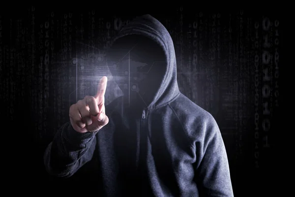 ハッカーはボタンデータ攻撃サイバーセキュリティと情報またはネットワーク保護に触れる — ストック写真