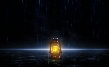 Karanlık, boş bir sokakta, dumanlı bir arka planda üç boyutlu soyut asfalt ışığı oluşturuluyor.