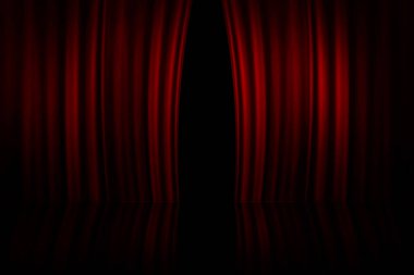 Tiyatro veya sinema sahnesinde 3D Rending Red Curtain hafif açık