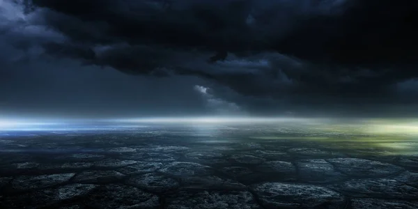 3Dレンダリングアブストラクト煙と雨嵐の雲の背景を持つ暗い空の通りのアスファルト光 — ストック写真